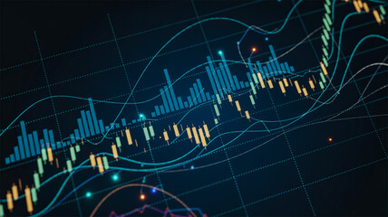 A digital financial chart visualization with a dark blue background featuring multiple overlapping graphs and data visualizations.
