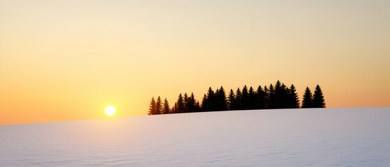 Silhouette Trees On Snowy Hill At Sunset