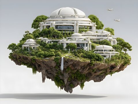 A futuristic eco-city floats serenely amidst lush greenery and cascading waterfalls on a secluded island, airplanes soa overhead.