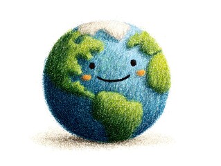 A cheerful cartoon Earth globe smiles happily with green continents and blue oceans illustrated in crayon style.