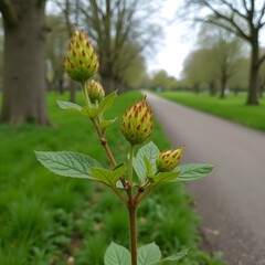 Brotes de bardana floreciendo a lo largo del sendero arbolado del parque