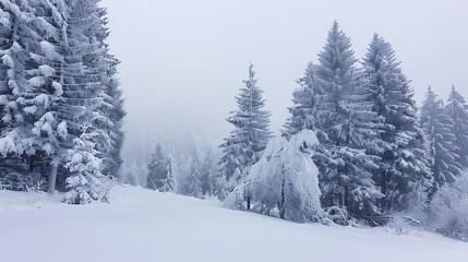 Fototapeta premium Snow Covered Evergreen Trees In Winter Landscape With Snowy Background And Fog