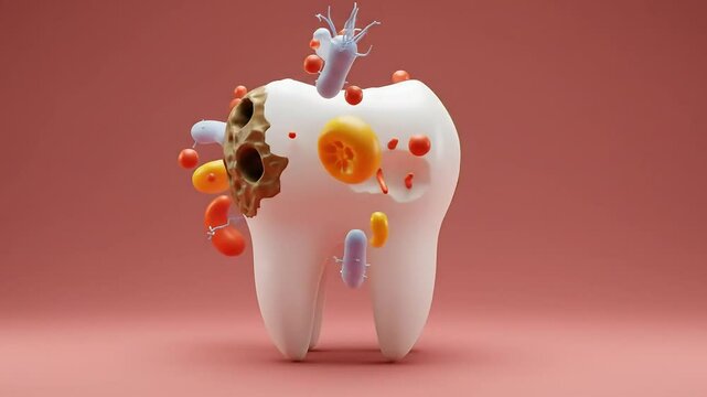 Animated Tooth Decay Process in 4K: Gleaming White Tooth Overtaken by Bacteria and Harmful Foods on Pink Background