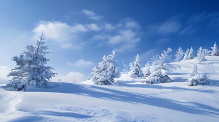 Snow Covered Winter Landscape Featuring Trees and Blue Cloudy Sky Background
