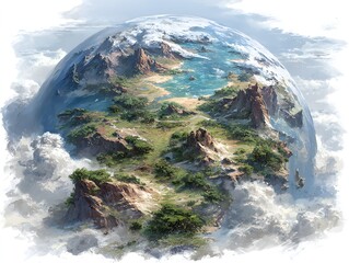 A breathtaking fantasy world floats amidst fluffy clouds showcasing diverse landscapes including mountains, beaches, and lush green forests within a