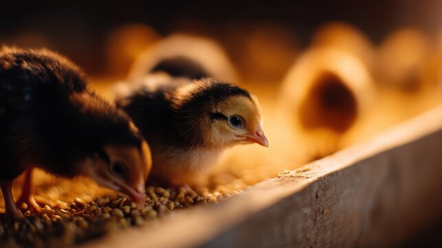 Close-up of baby chicks pecking at grains in a warm, softly lit farm environment - Powered by Adobe