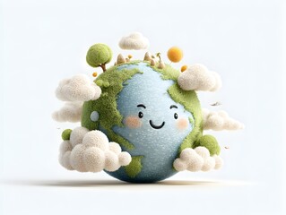 A cute cartoon Earth surrounded by fluffy clouds and miniature trees smiles happily against a light blue background.