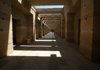 Interior of the Temple of Hatshepsut with hieroglyphs on stone walls.