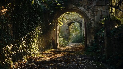 Obraz premium Stone Archway Leading To A Garden Path With Greenery and Sunlight