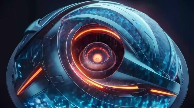 Futuristic metallic orb with a glowing orange eye-like center, intricate patterns, and pulsating red and blue energy lights