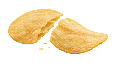 Close-up of a broken potato chip with crisp texture, highlighting its golden color against a white background