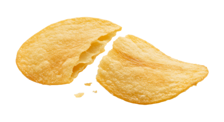 Close-up of a broken potato chip with crisp texture, highlighting its golden color against a white background