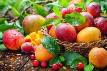 A basket of fresh, colorful mangoes and cherries with green leaves, covered in water droplets, sits on a rustic wooden table.