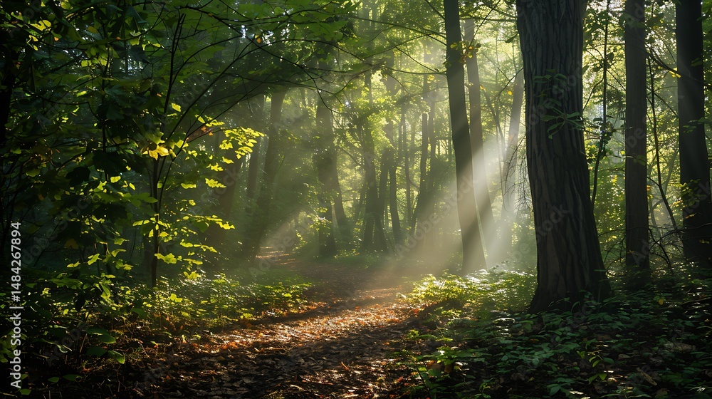 Poster sunlight piercing through trees illuminating forest path in autumnal setting