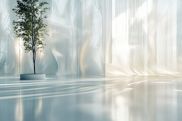 A serene and modern minimalist interior featuring a single plant in a pot, surrounded by textured, flowing walls and soft light casting gentle shadows on the reflective floor.