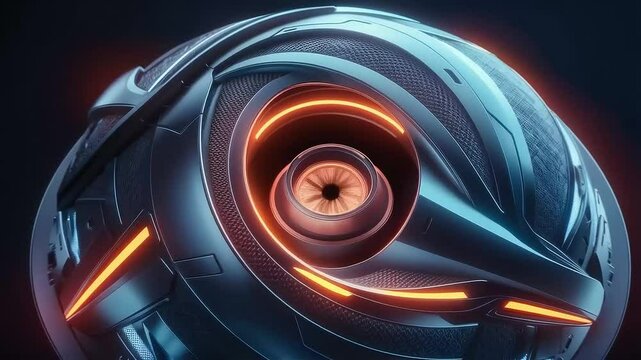 Futuristic metallic orb with a glowing orange center resembling a watching eye, surrounded by intricate patterns and lights