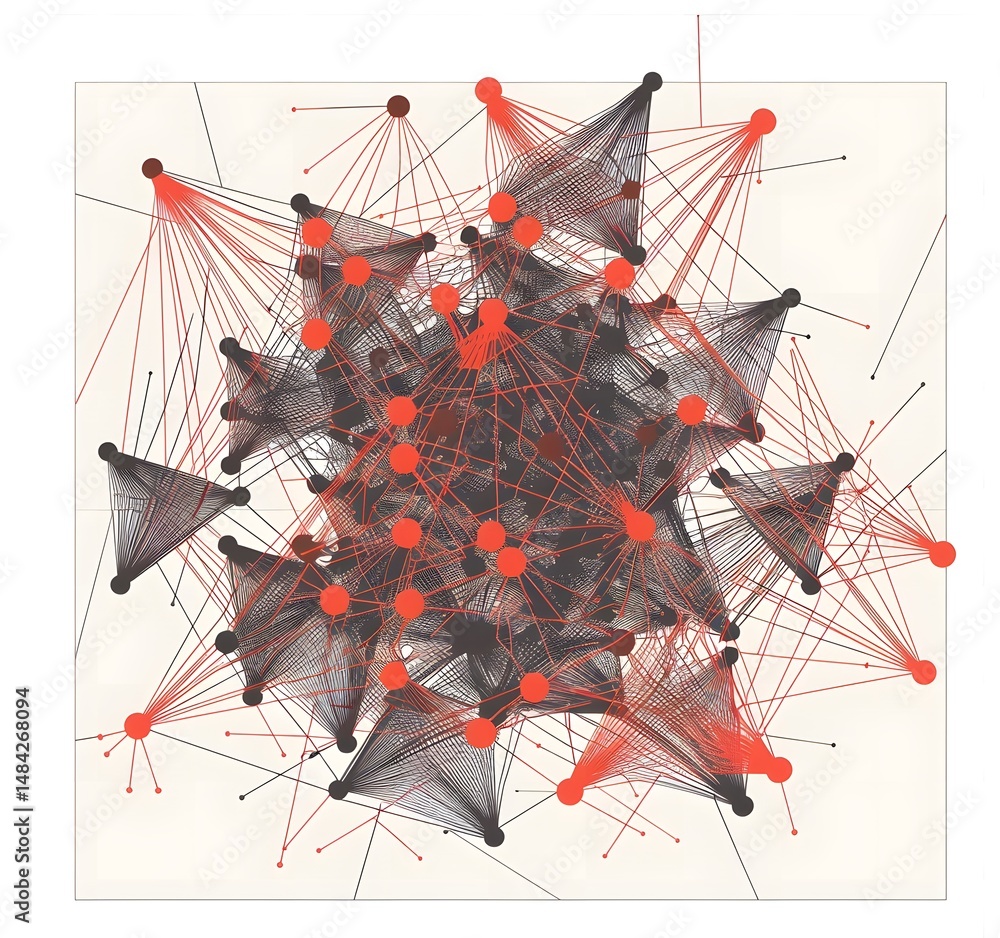 Aufkleber abstract geometric network of triangles and lines with red accents on white background