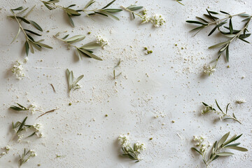 A peaceful and minimalist arrangement of olive branches and delicate white flowers scattered across a light surface. The soft texture and natural elements create a calming atmosphere.
