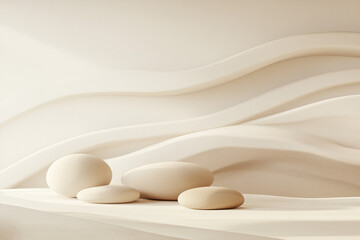 A serene minimalist composition featuring smooth, rounded stones on a soft, neutral-toned surface. The background showcases elegant, flowing curves in soft beige tones, creating a peaceful.