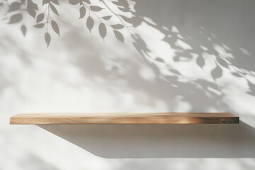 A minimalist photograph of a wooden shelf with beautiful, natural leaf shadows cast on the wall behind it. The soft shadows create a calming, tranquil atmosphere with a touch of elegance.