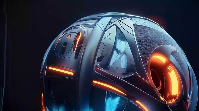 Futuristic metallic orb rotates, revealing glowing orange and blue lights and intricate patterns