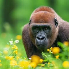 Fototapeta premium Majestic Gorilla in Vibrant Wildflower Meadow Powerful Primate Portrait