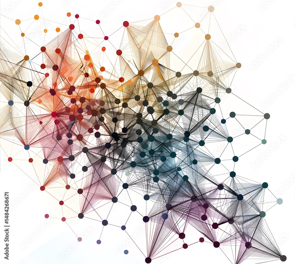 Poster colorful abstract network of interconnected nodes and lines with vibrant hues