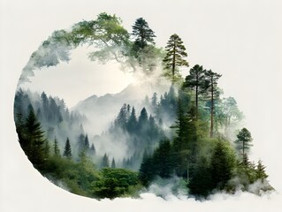 Serene misty mountain landscape art depicting a lush forest scene with evergreen trees and a sunlit valley.