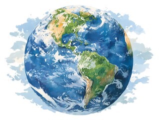 Fototapeta premium A vibrant watercolor painting depicts the Earth showcasing North and South America surrounded by soft, wispy clouds.