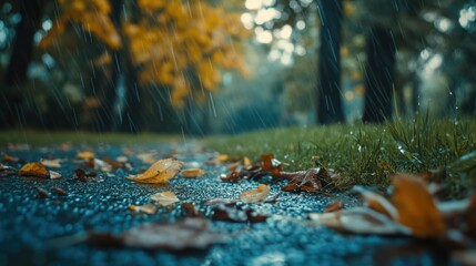 Fototapeta premium Autumn rain falling on leaves on a path