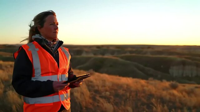 Female Surveyor with Tablet and Drone at Sunset Hilltop