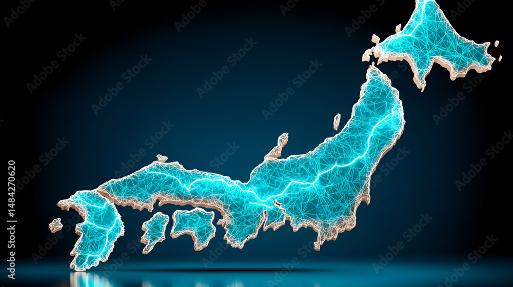 Poster abstract 3d rendering of glowing circuit patterns and quantum particle flows around the japanese arc