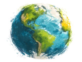 A vibrant painted Earth globe illustration showcases North and South America with artistic brush strokes on a white background.