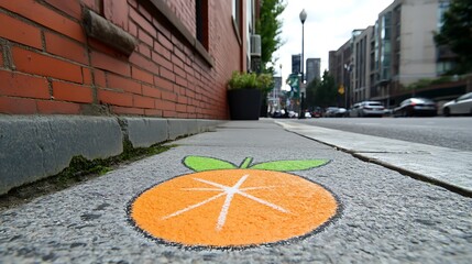 Orange painted on sidewalk. Urban art on a city street