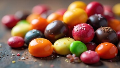 Obraz premium Assorted chocolates and candies in a colorful pile , chocolate bar, assortment