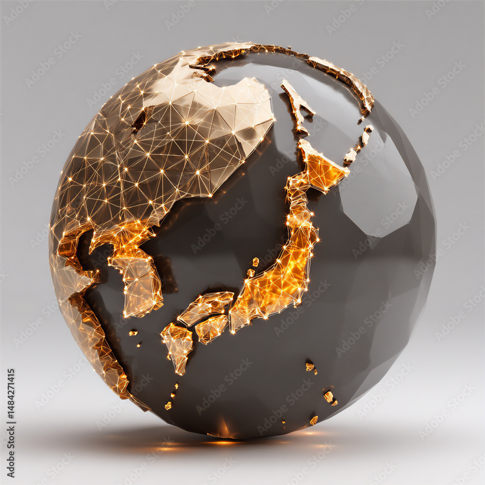 Aufkleber futuristic 3d rendering of a glowing network of interconnected lines spreading from japan across the
