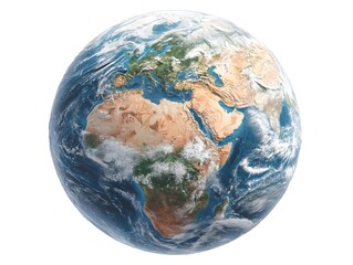 A highly detailed 3D rende of planet Earth showcases continents oceans and atmospheric cloud formations.