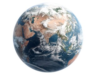 A detailed 3D rende of planet Earth showcasing continents oceans and cloud formations against a pure white background.