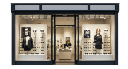 Modern eyewear store showcasing stylish sunglasses and accessories, with mannequins and a chic interior design