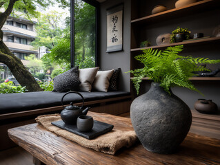 calm image of a contemporary japanese tea ceremony taking place in a room with modern design element