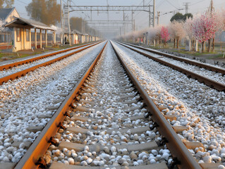 Naklejka premium calm close-up photograph of the texture of a snow-covered railway track