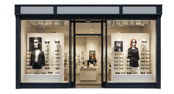 Modern eyewear store showcasing stylish sunglasses and accessories, with mannequins and a chic interior design