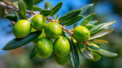 Green olives clustered on tree branch