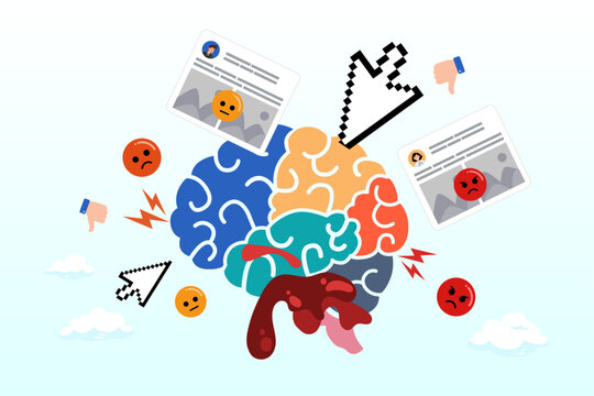Human brain rot with toxic social media, brain rot toxic social media addiction causing depression, anxiety and negative harmful mind, online overwhelmed, cyber bullying or doomscrolling concept