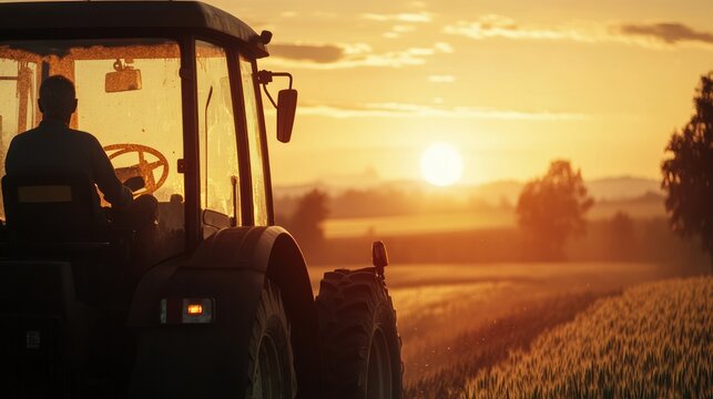 Fototapeta A farmer driving a tractor at sunrise, ready for a day in the fields --ar 16:9 --v 6.1 Job ID: ec6aaa9c-69e8-4ea7-918a-32b923a430a4