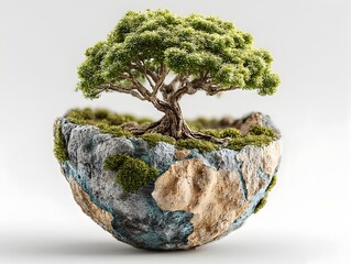A lush green bonsai tree thrives atop a miniature rocky planet earth representing environmental sustainability and growth.