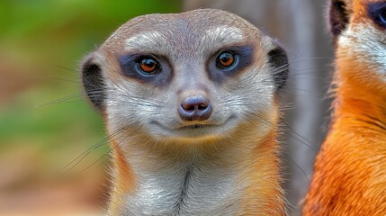 Fototapeta premium Meerkat Gaze: A captivating close-up showcases a meerkat's keen eyes, displaying intelligence and charm, set against a backdrop of soft focus.