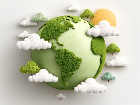 A stylized 3D rende of Earth shows lush green continents surrounded by fluffy white clouds and small trees under a cheerful sun.