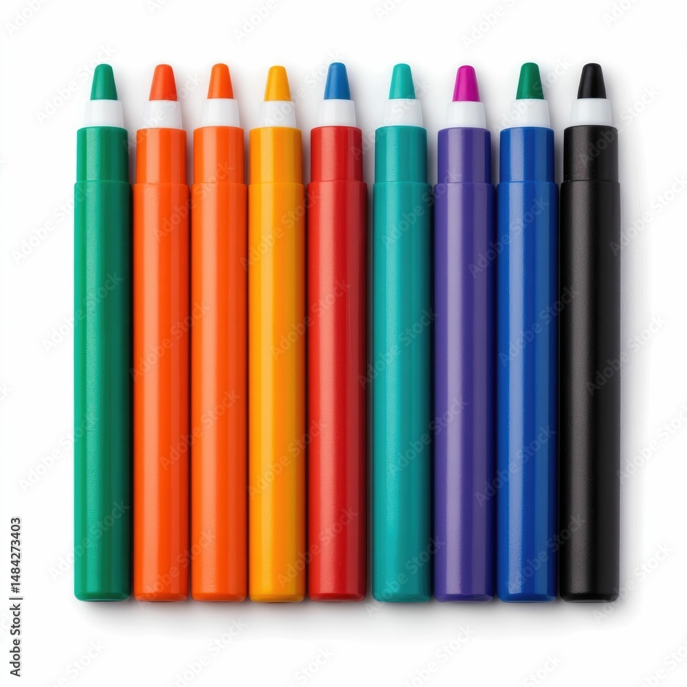 Poster a vibrant and bold set of colorful whiteboard markers arranged in a neat row on a plain white backgr