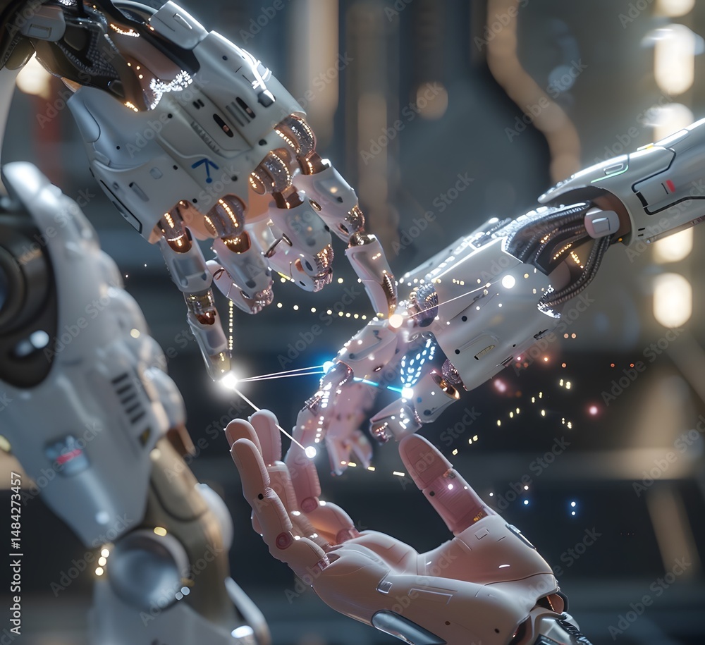 Poster metallic robotic hands interacting with glowing digital connections in dark setting